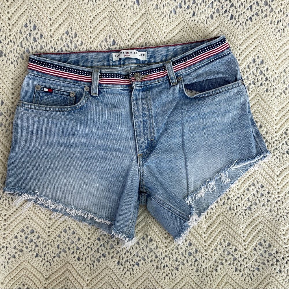Vintage Tommy Hilfiger Shorts Y2K American Flag Waist Mid Rise Cut Off Festival